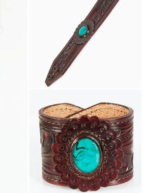 American Darling Hand Tooled Leather Cuff Bracelet Maroon Genuine Turquoise